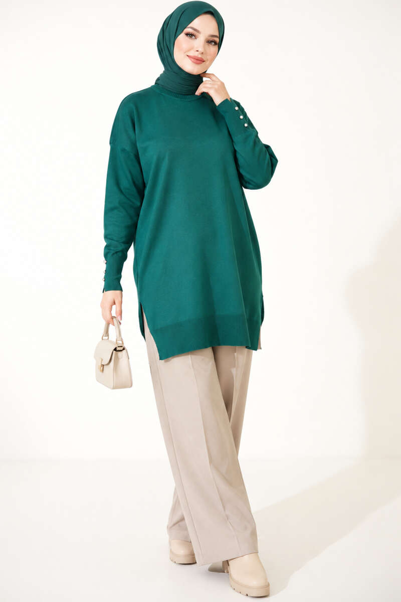 Mercerised Button Tunic with Slit Detail - Emerald