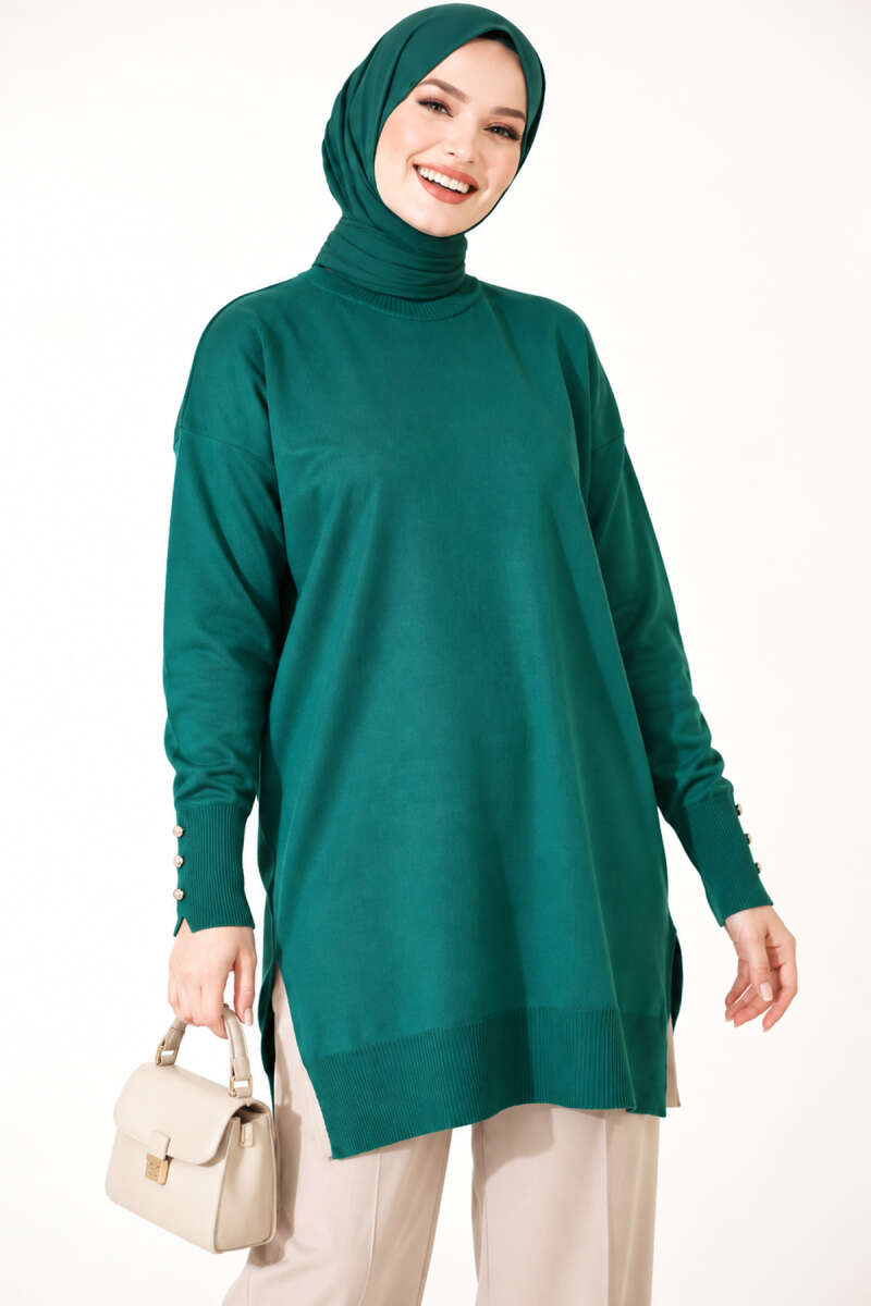 Mercerised Button Tunic with Slit Detail - Emerald