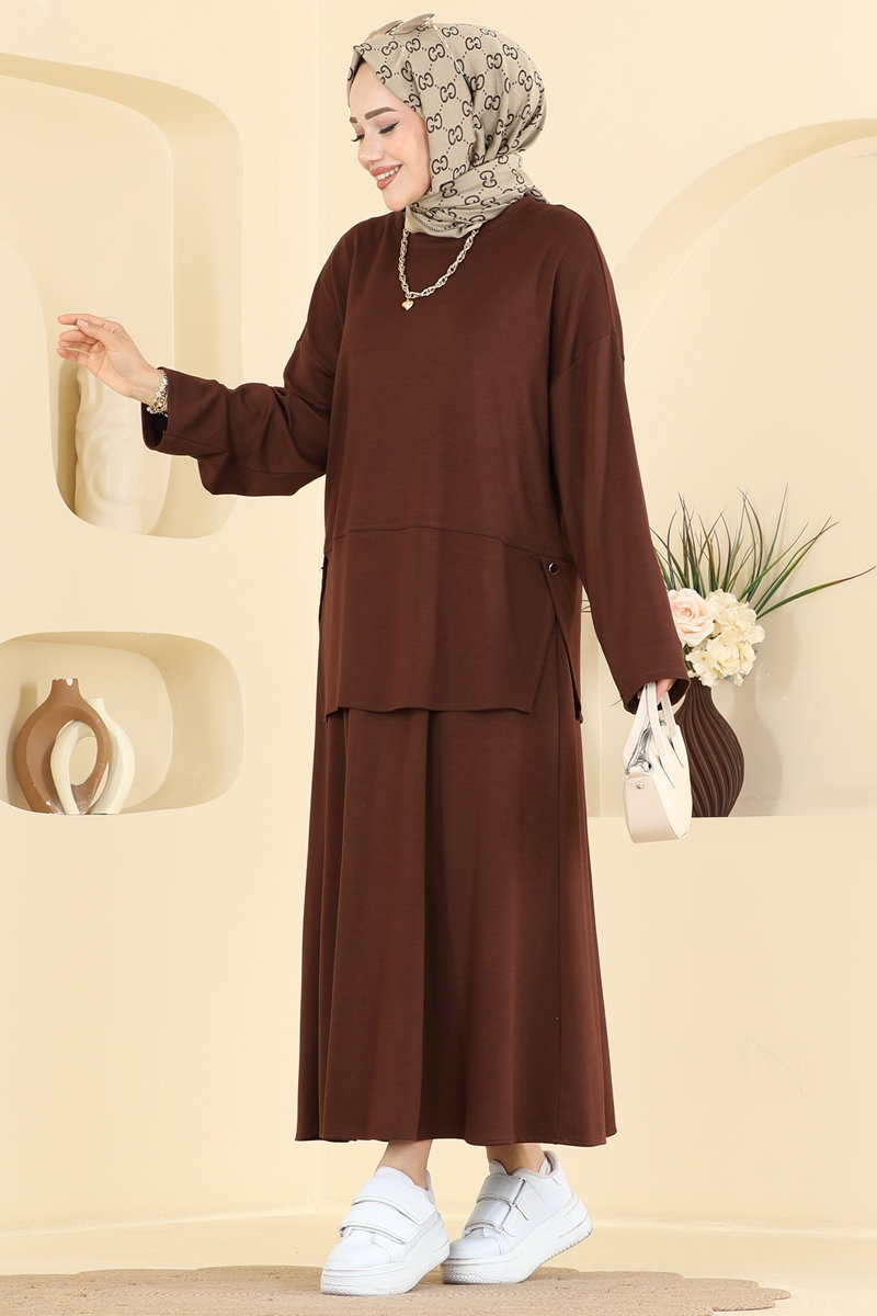Modal Skirt Set with Slit - Brown