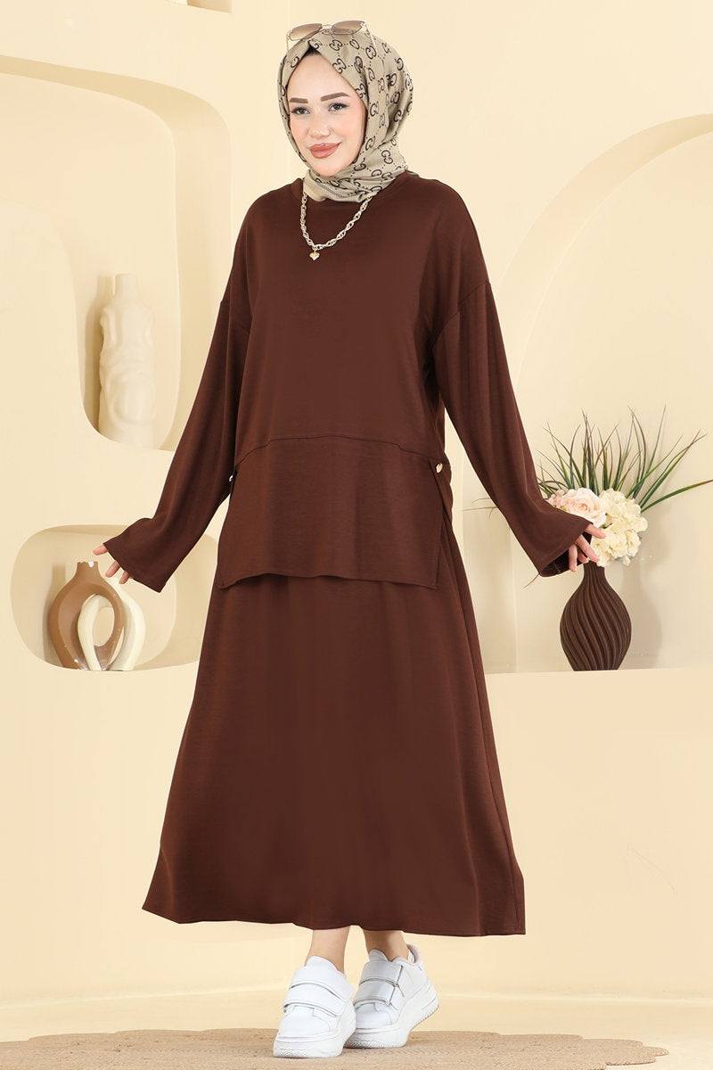 Modal Skirt Set with Slit - Brown