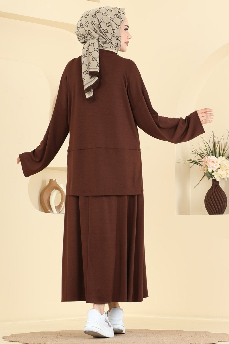 Modal Skirt Set with Slit - Brown