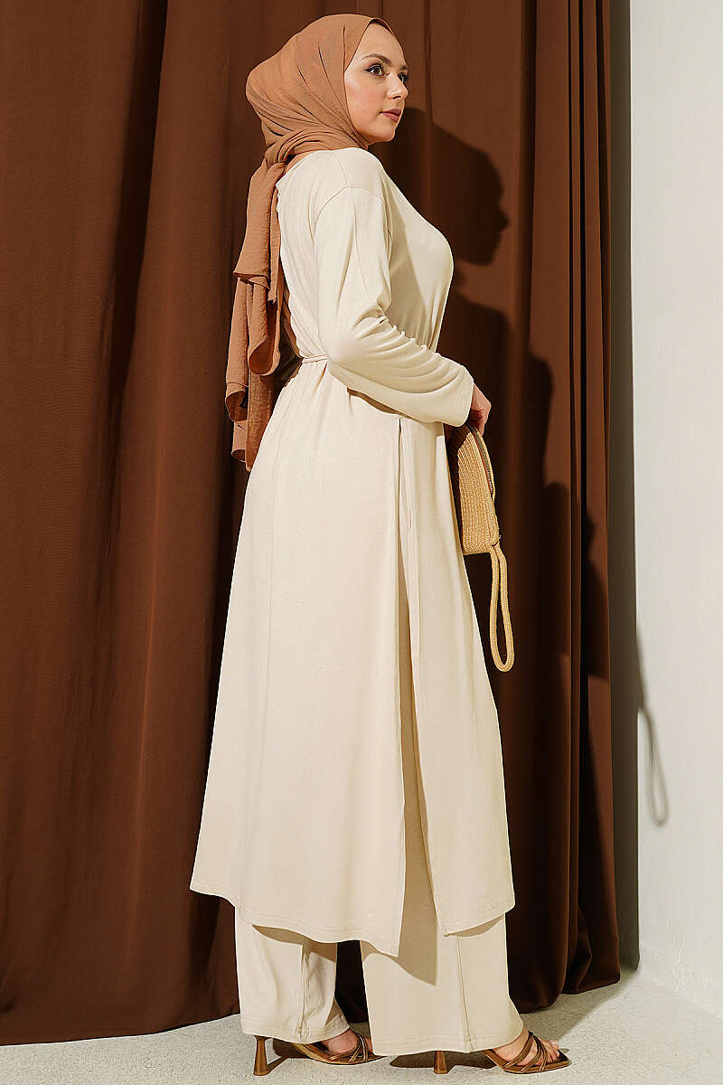 Long Tunic Set with Slits and Cord Belt - Beige