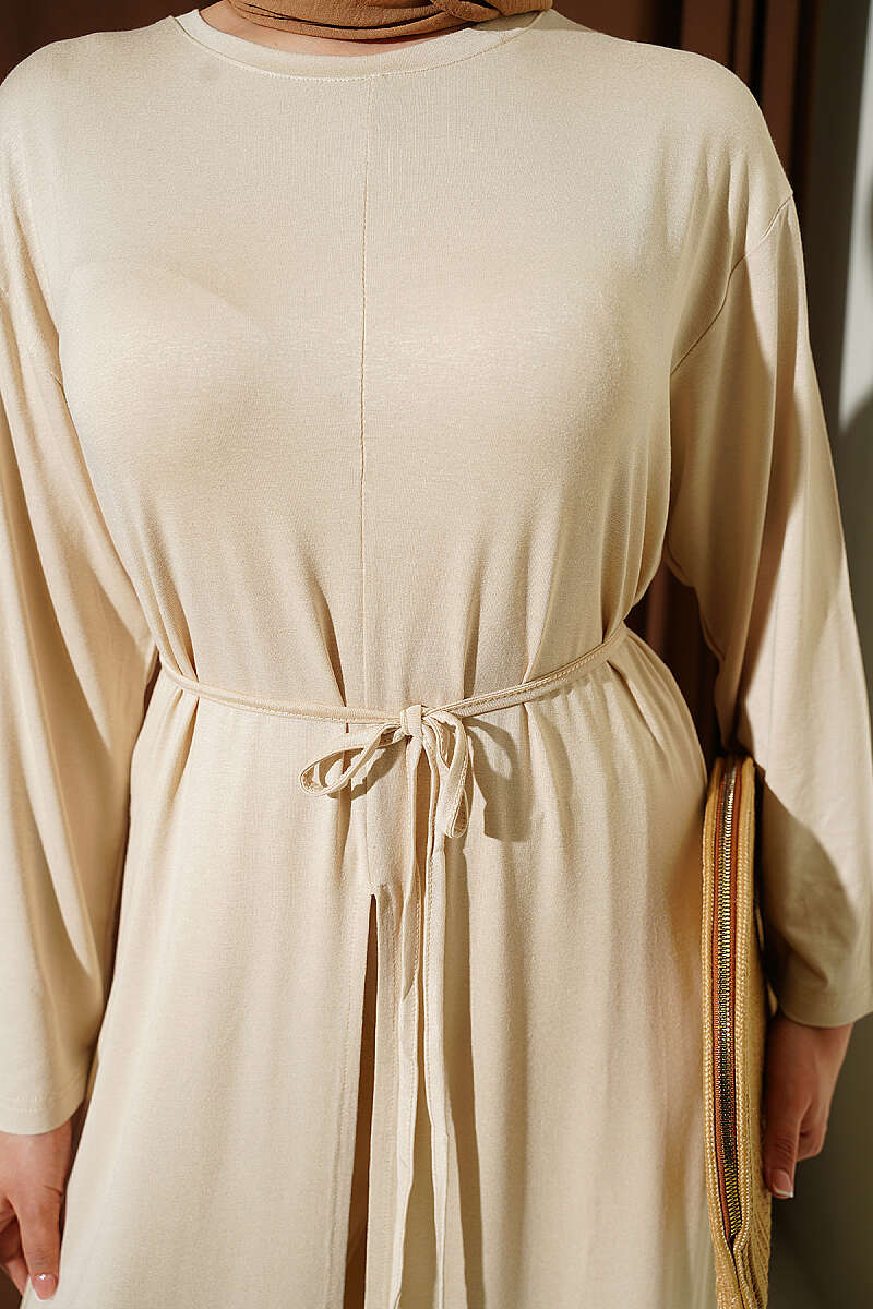 Long Tunic Set with Slits and Cord Belt - Beige