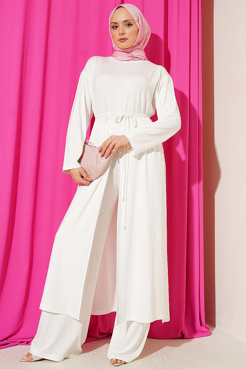 Long Tunic Set with Slits and Cord Belt - White