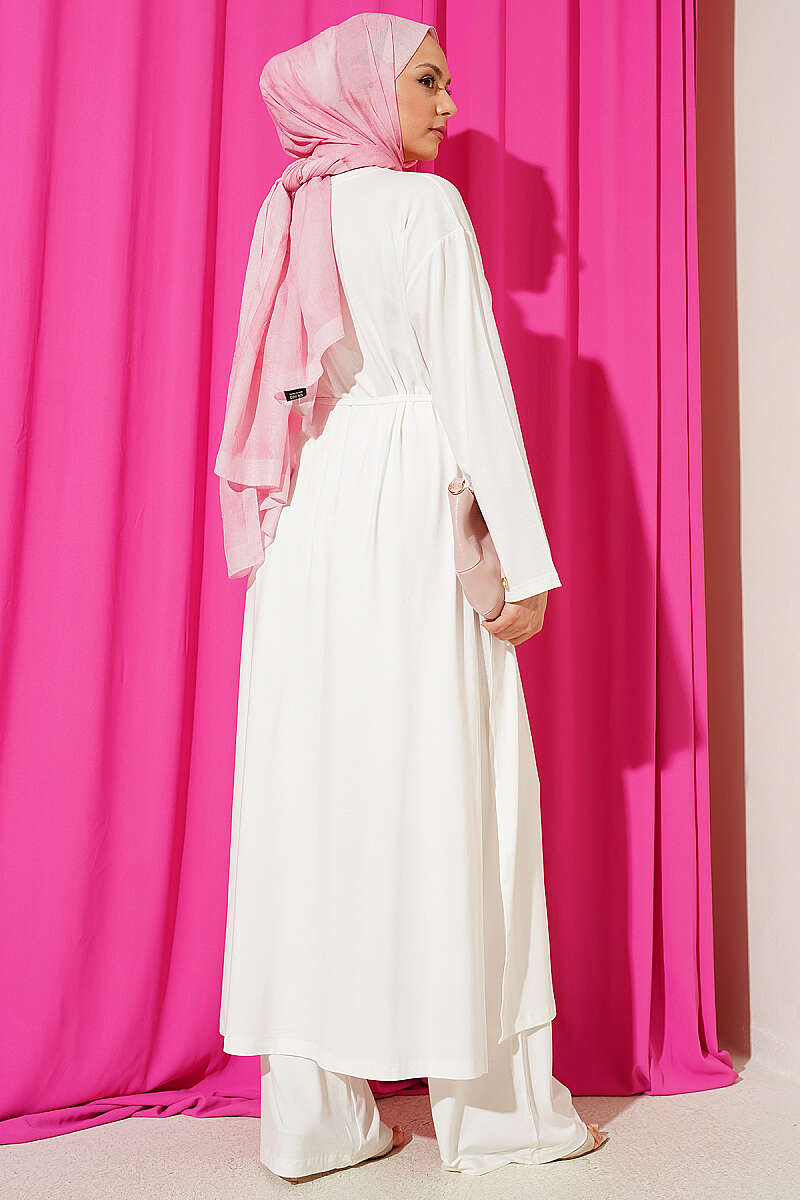 Long Tunic Set with Slits and Cord Belt - White