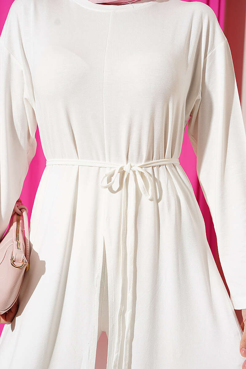 Long Tunic Set with Slits and Cord Belt - White