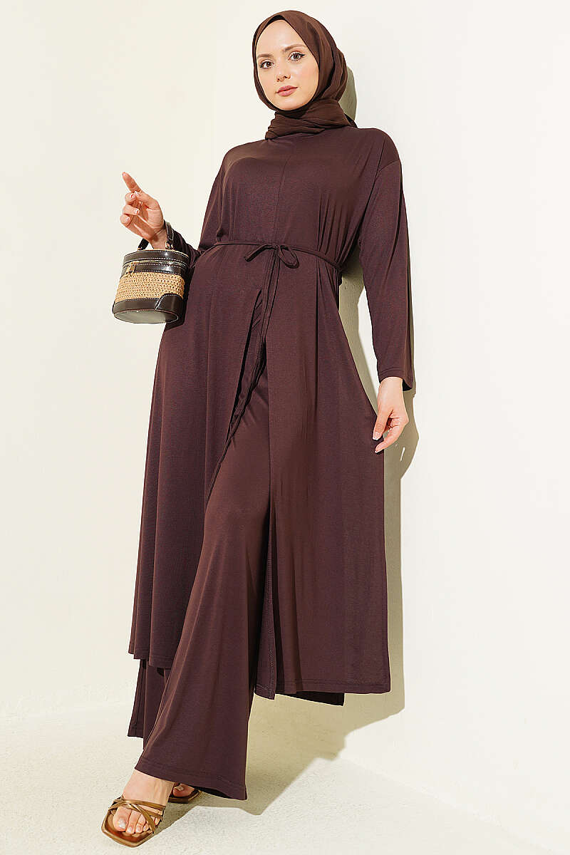 Long Tunic Set with Slits and Cord Belt - Brown