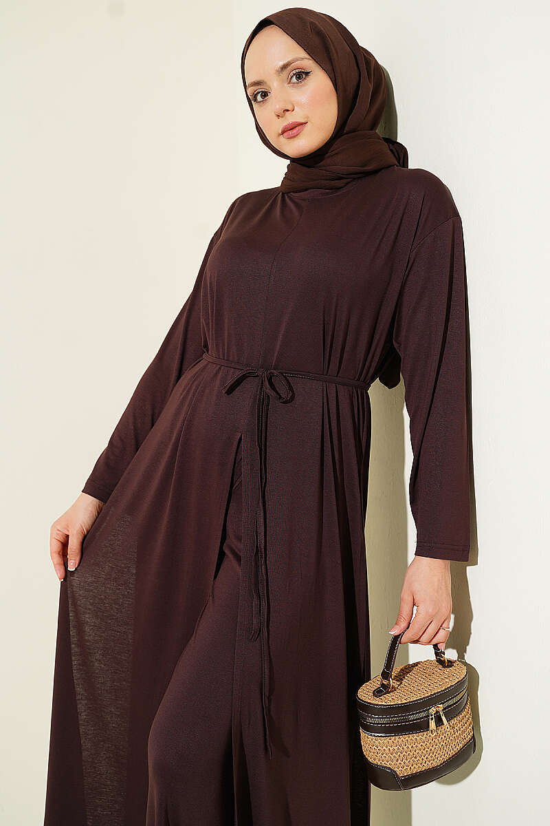 Long Tunic Set with Slits and Cord Belt - Brown