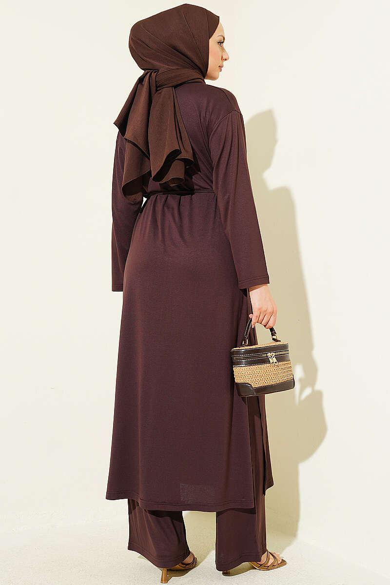 Long Tunic Set with Slits and Cord Belt - Brown