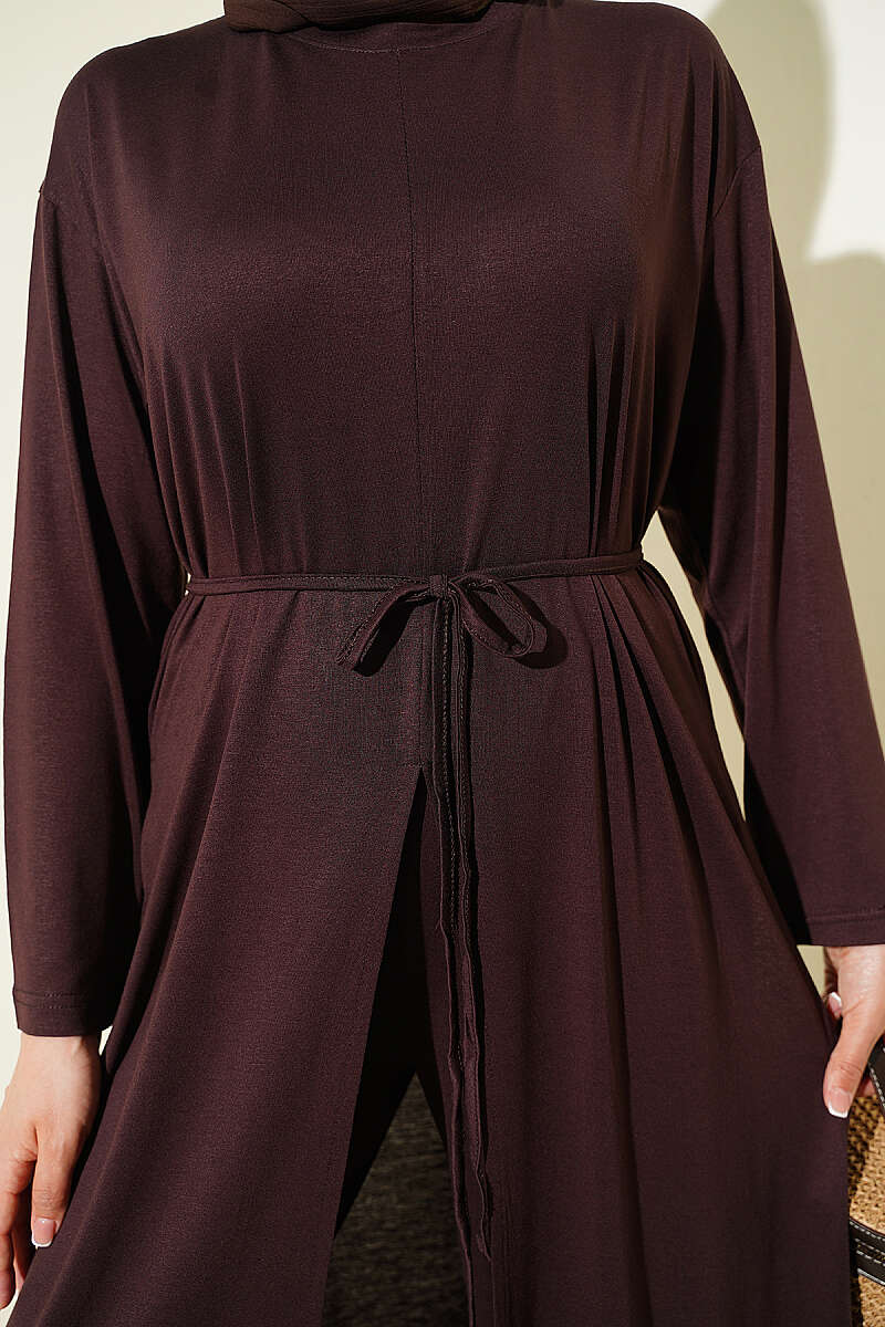 Long Tunic Set with Slits and Cord Belt - Brown