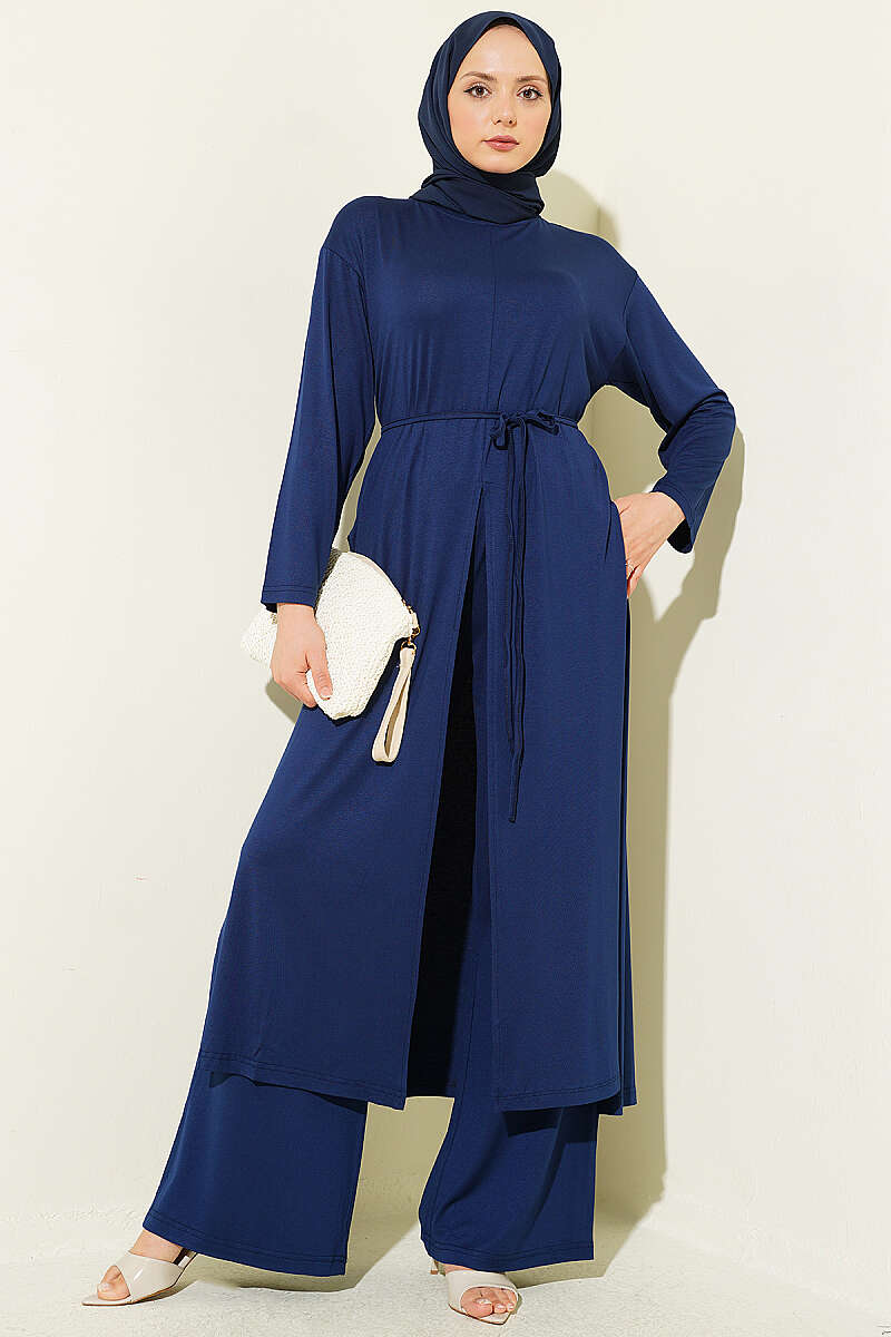 Long Tunic Set with Slits and Cord Belt - Navy