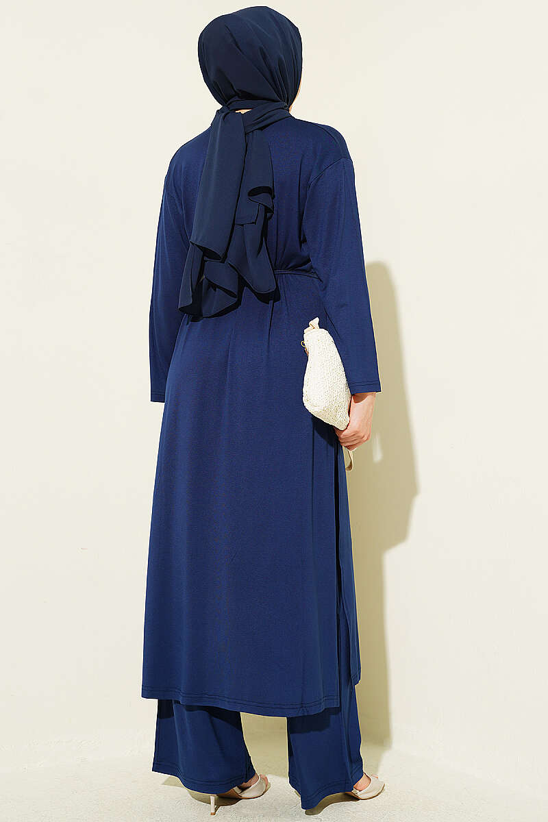 Long Tunic Set with Slits and Cord Belt - Navy