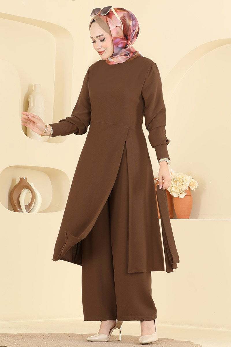 Belted Set with Slit Detail - Light Brown