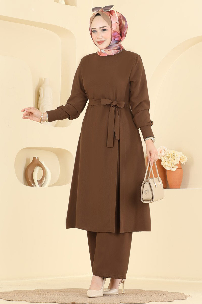 Belted Set with Slit Detail - Light Brown