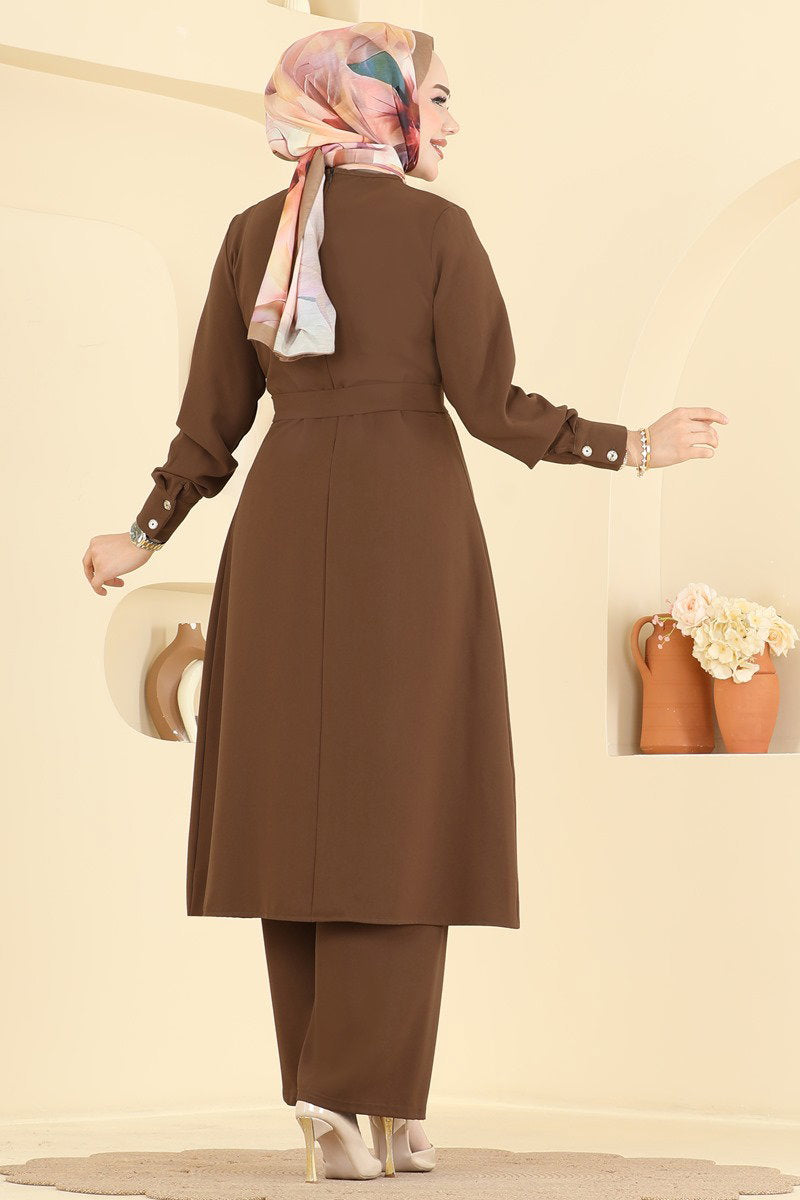 Belted Set with Slit Detail - Light Brown