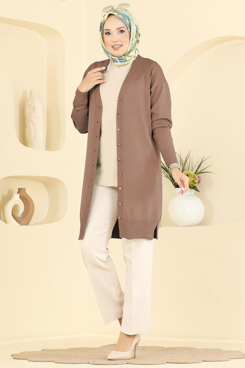 Mercerised Cardigan with Slits - Dark Mink