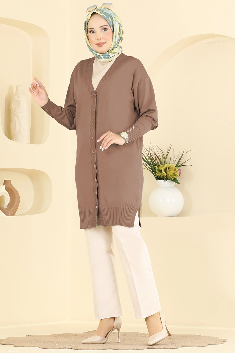 Mercerised Cardigan with Slits - Dark Mink