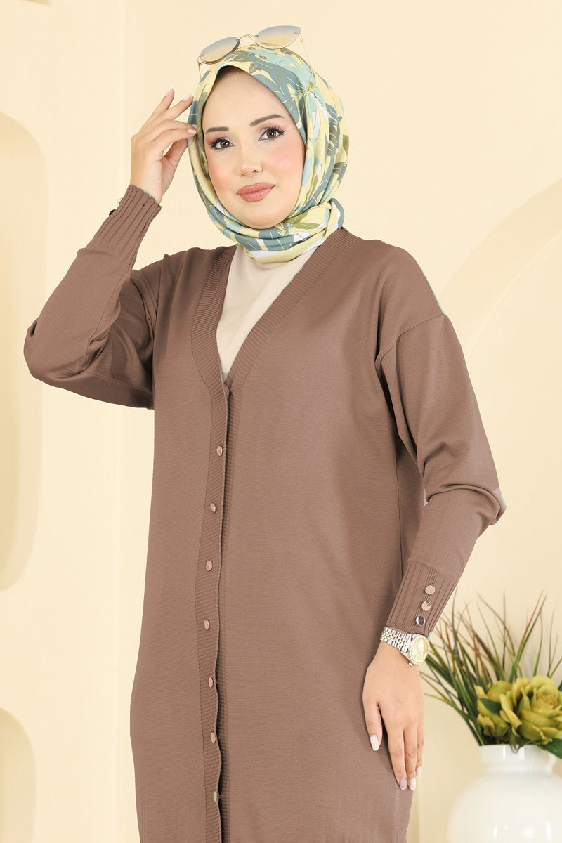 Mercerised Cardigan with Slits - Dark Mink