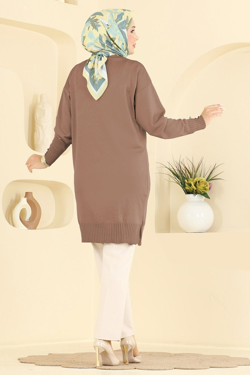 Mercerised Cardigan with Slits - Dark Mink