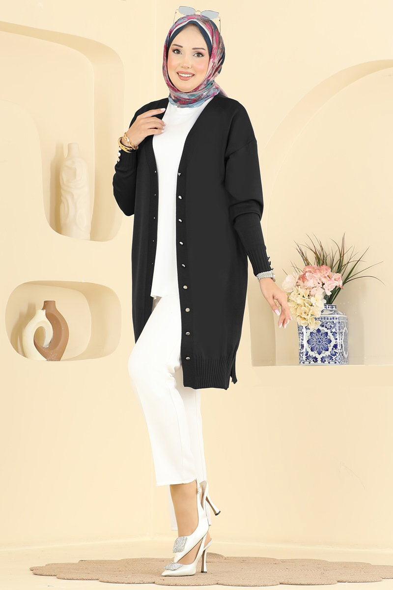 Mercerised Cardigan with Slits - Black