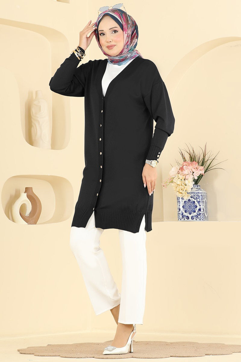 Mercerised Cardigan with Slits - Black