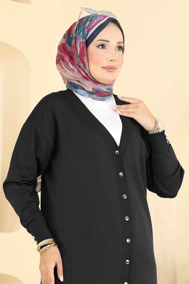 Mercerised Cardigan with Slits - Black