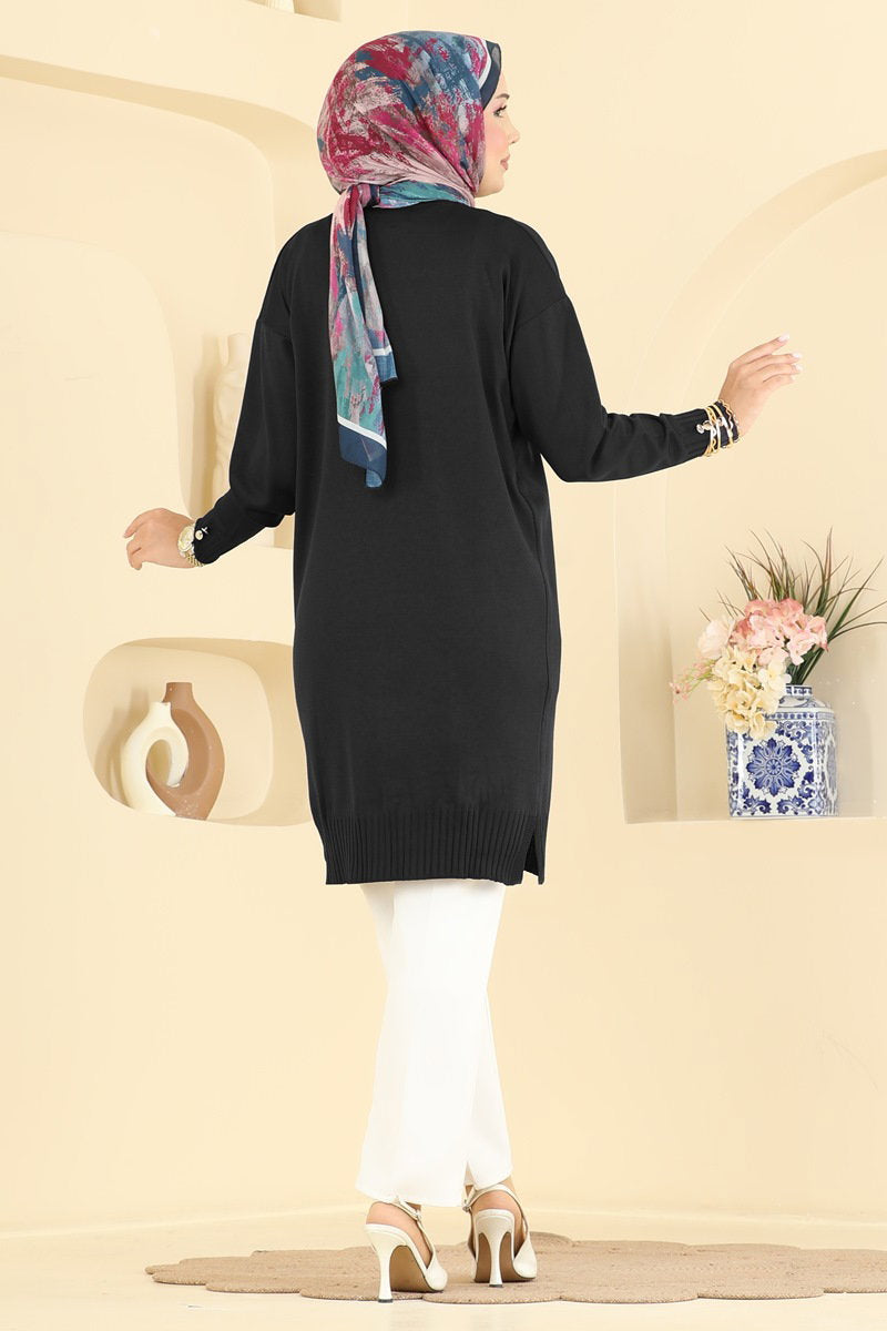 Mercerised Cardigan with Slits - Black