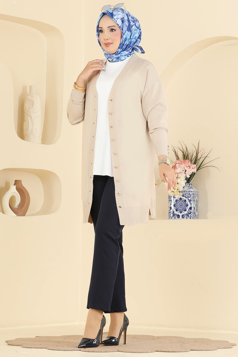 Mercerised Cardigan with Slits - Stone