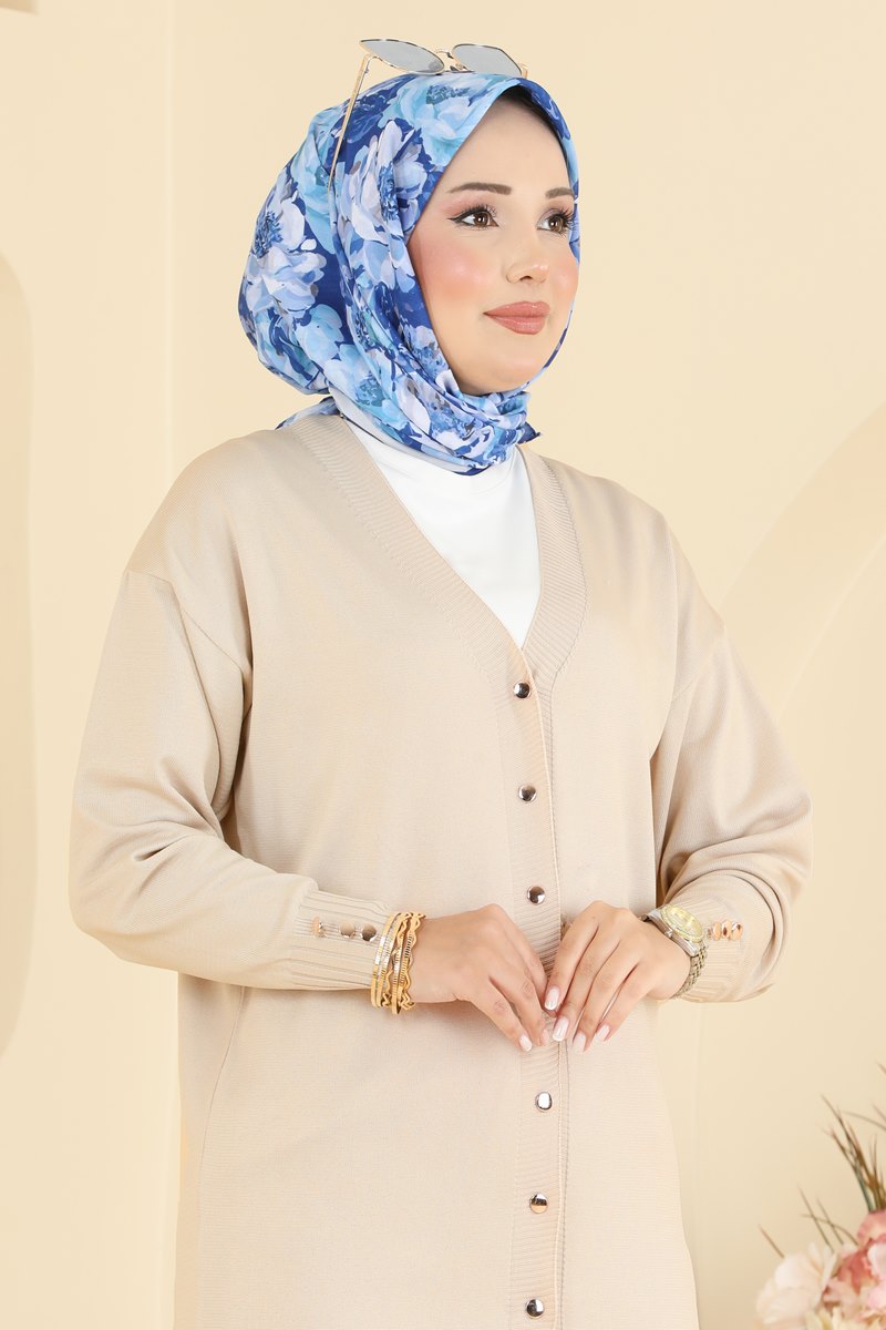 Mercerised Cardigan with Slits - Stone
