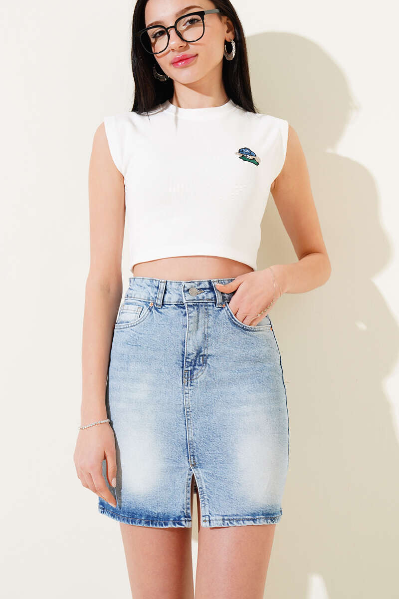 Denim Mini Skirt with Slit Detail - Denim Blue