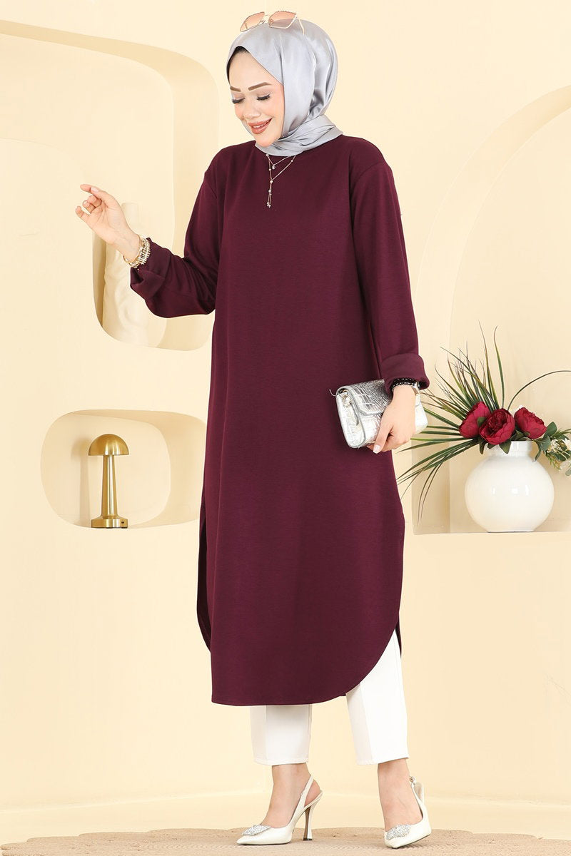 Relaxed Modal Tunic with Slits - Burgundy