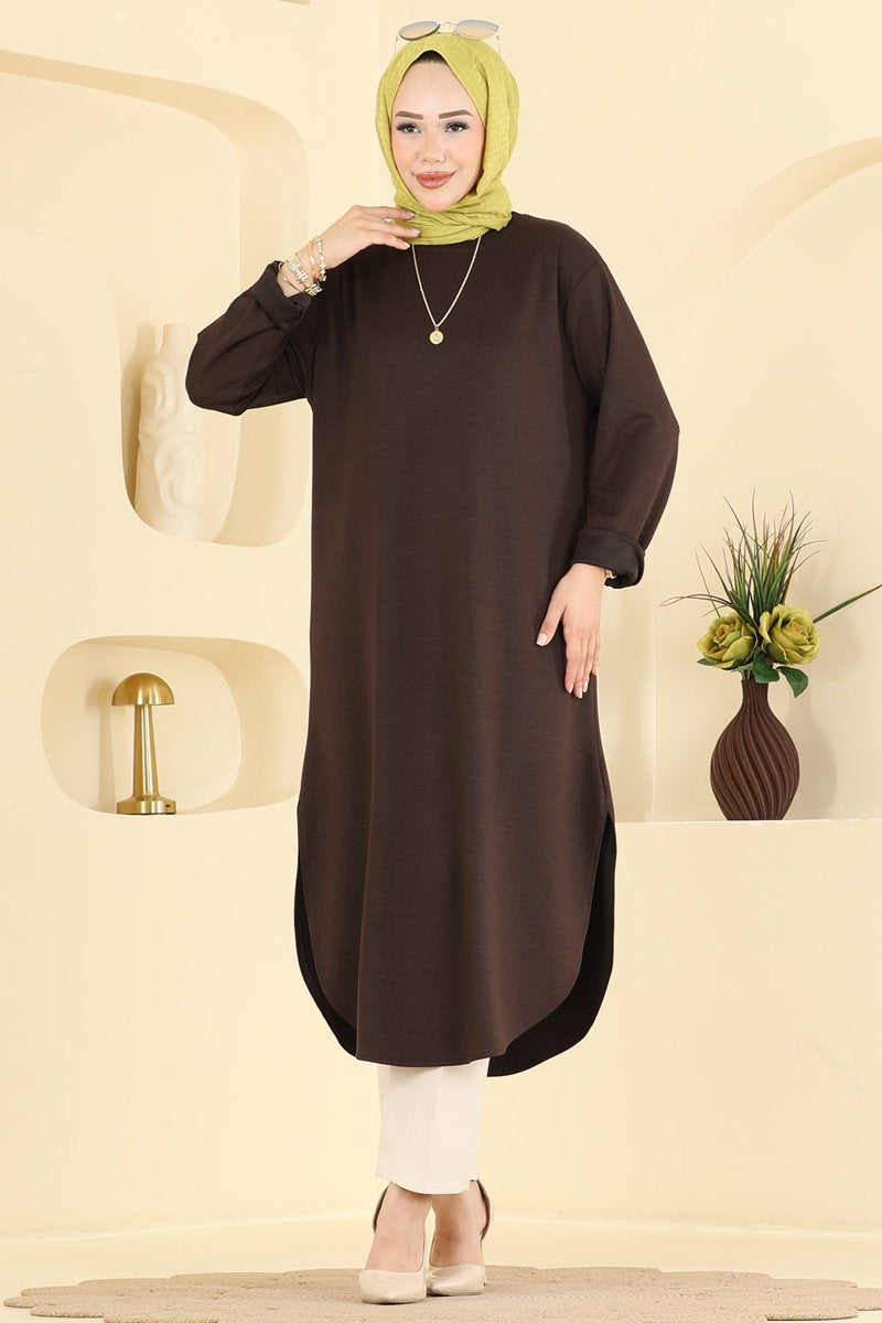 Relaxed Modal Tunic with Slits - Brown