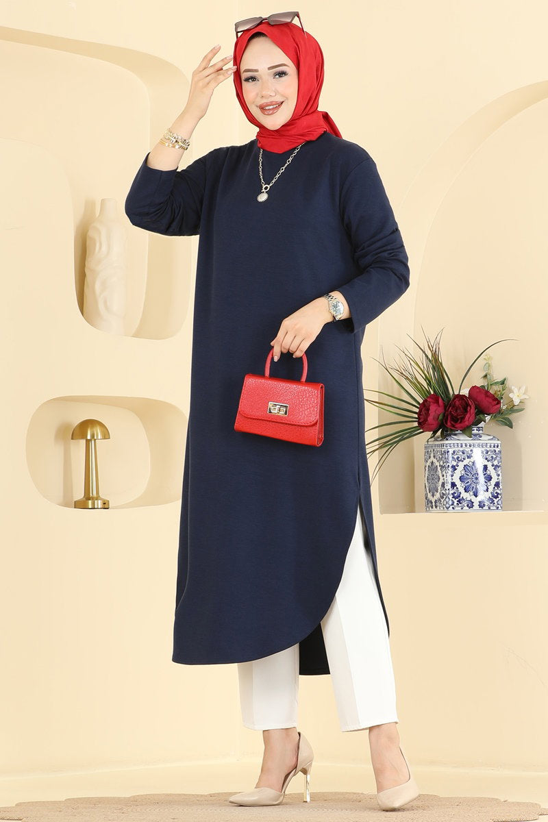 Relaxed Modal Tunic with Slits - Navy