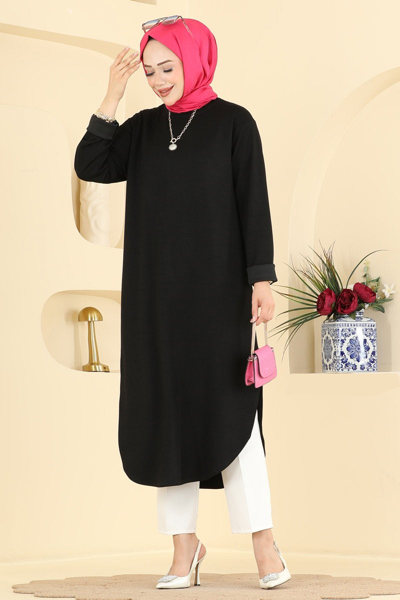 Relaxed Modal Tunic with Slits - Black