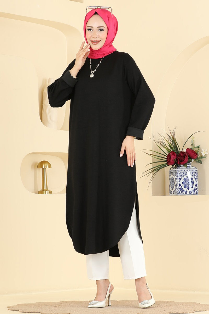 Relaxed Modal Tunic with Slits - Black