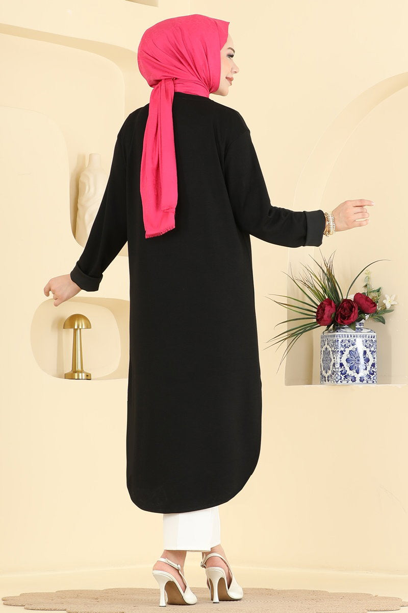 Relaxed Modal Tunic with Slits - Black
