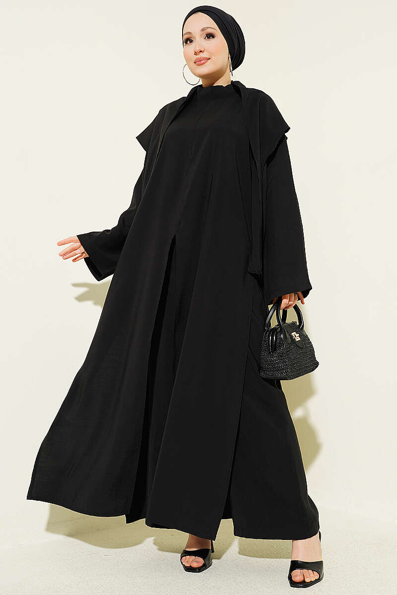 Modal Three-Piece Set with Shawl and Slits - Black