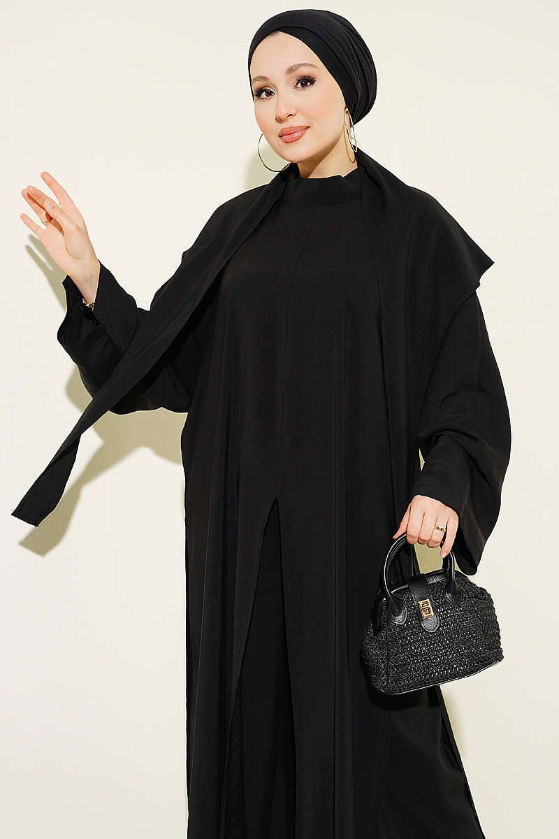 Modal Three-Piece Set with Shawl and Slits - Black