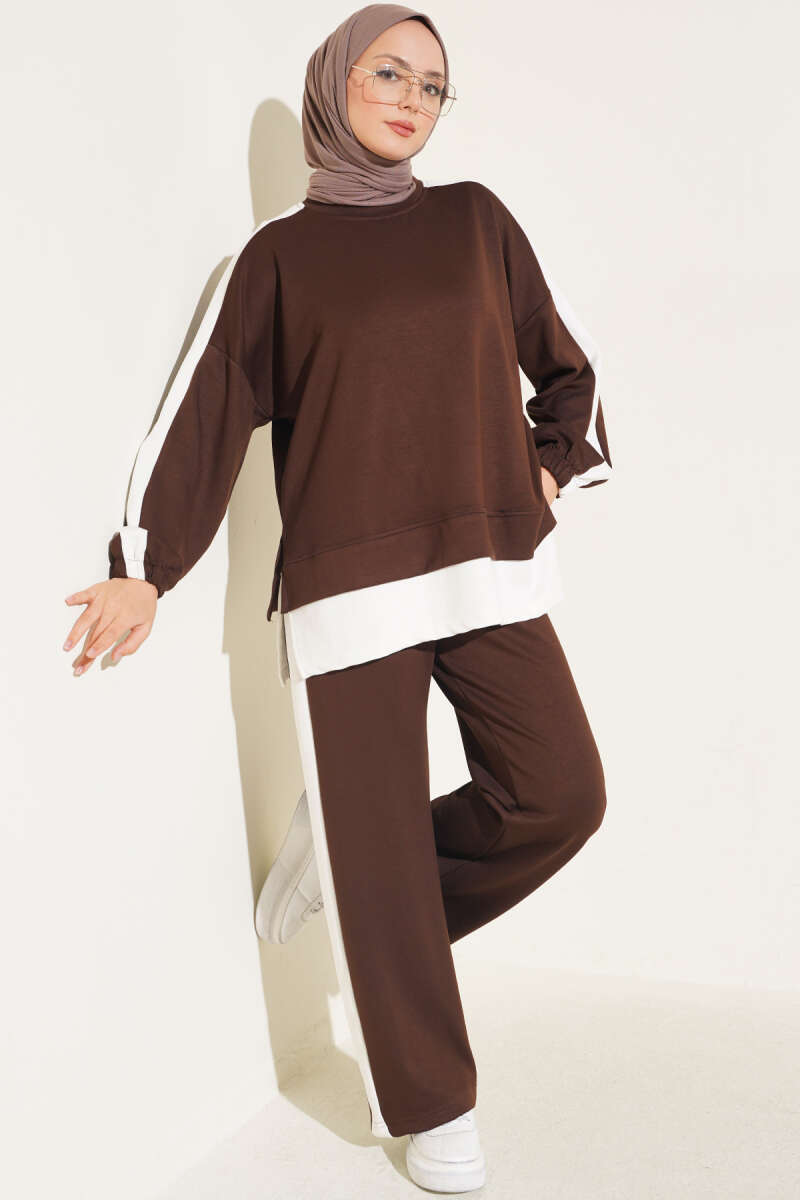 Two-Piece Set with Slit and Stripe Trim - Brown