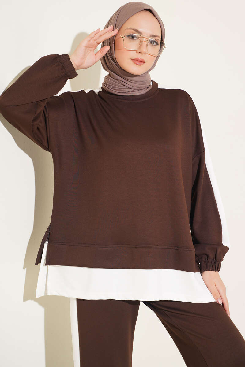 Two-Piece Set with Slit and Stripe Trim - Brown