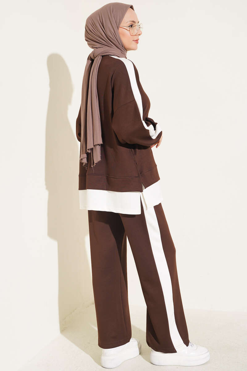 Two-Piece Set with Slit and Stripe Trim - Brown
