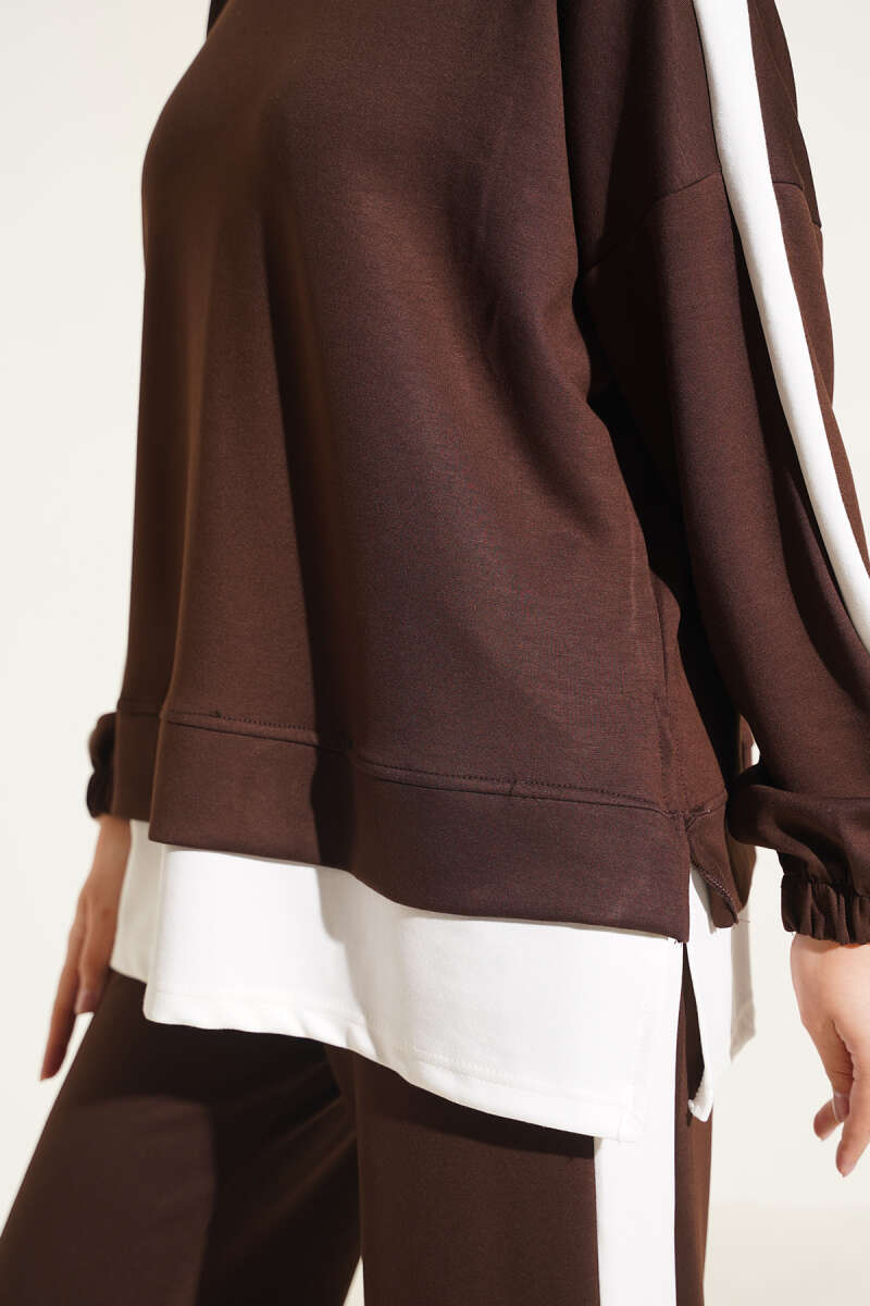 Two-Piece Set with Slit and Stripe Trim - Brown