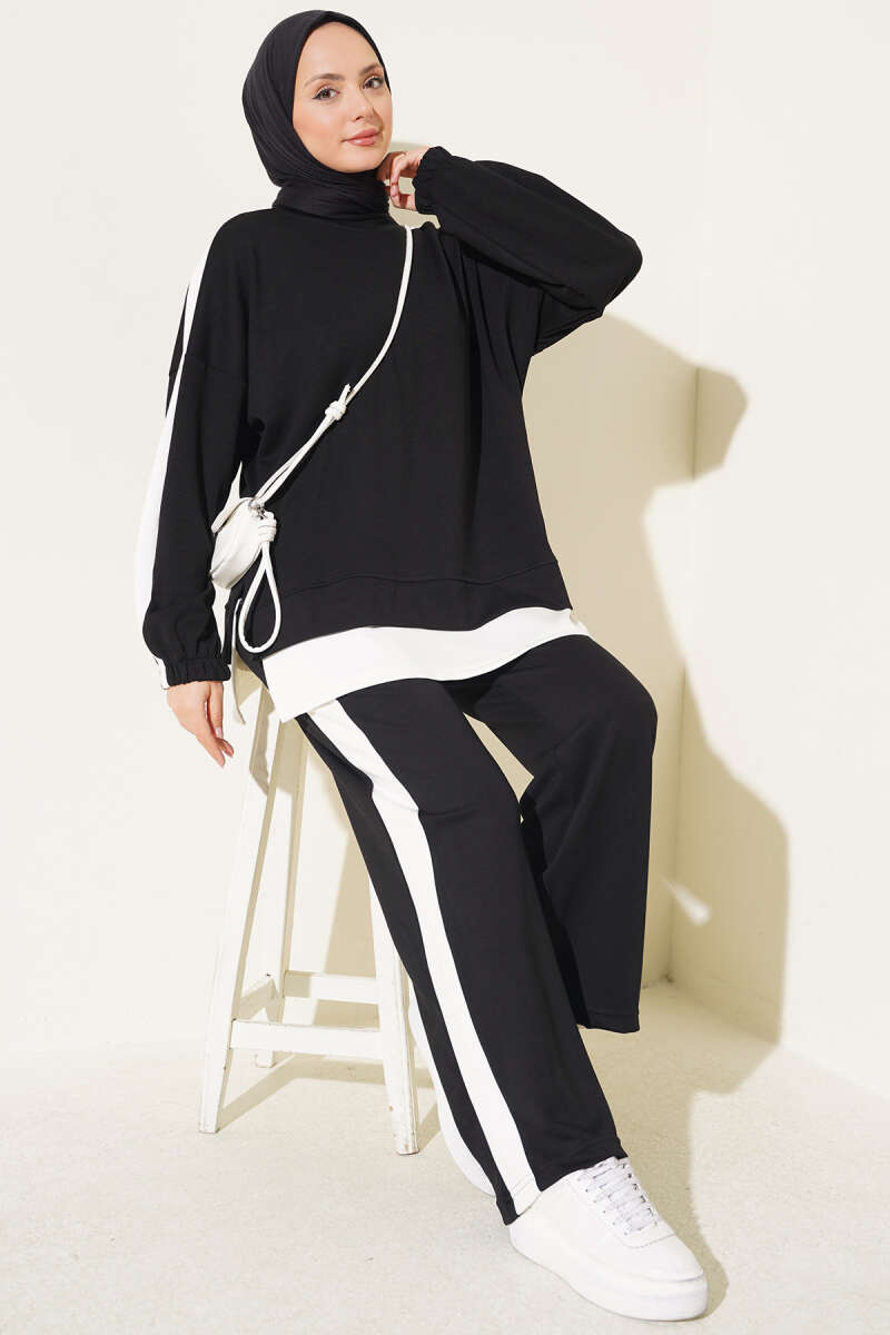 Two-Piece Set with Slit and Stripe Trim - Black