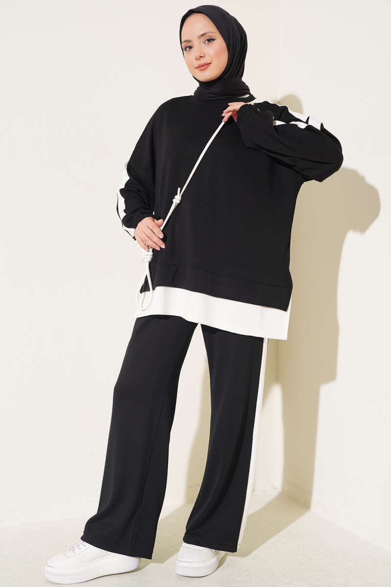 Two-Piece Set with Slit and Stripe Trim - Black