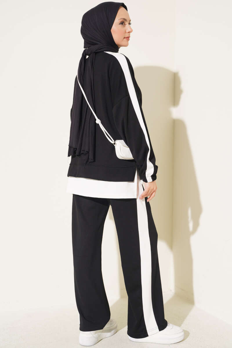 Two-Piece Set with Slit and Stripe Trim - Black