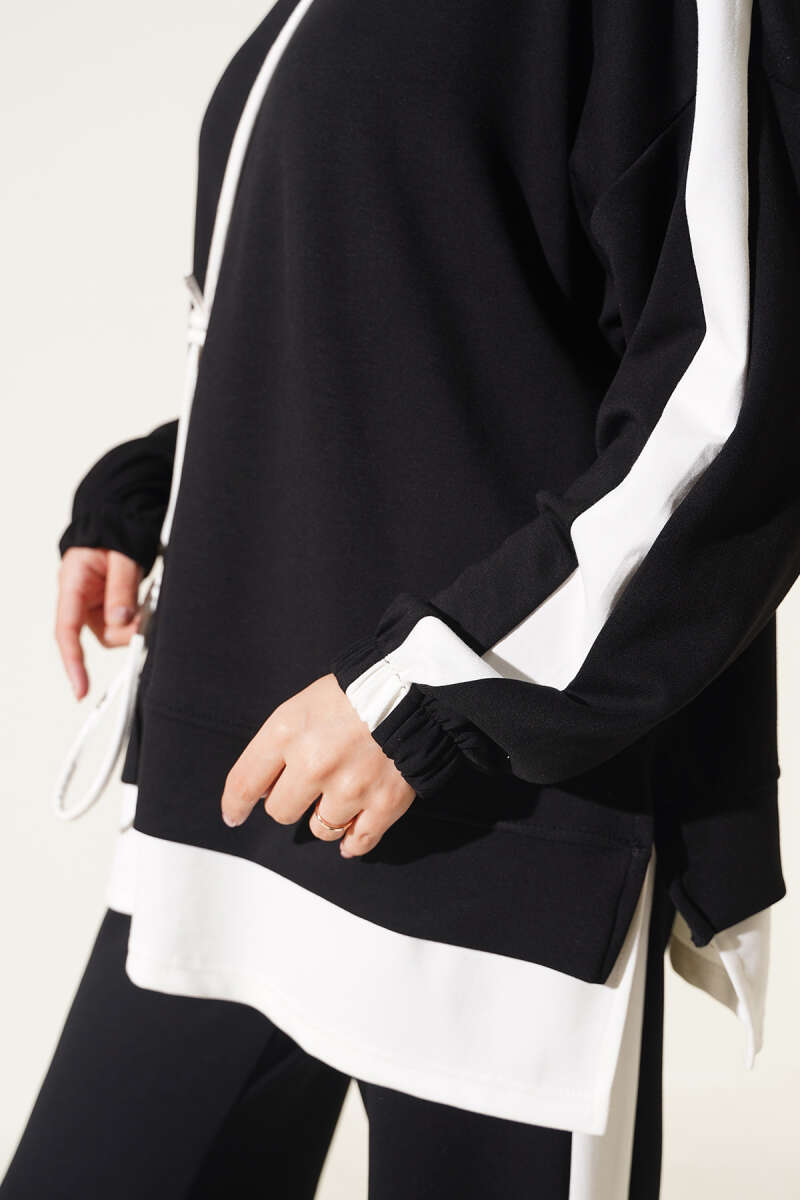 Two-Piece Set with Slit and Stripe Trim - Black