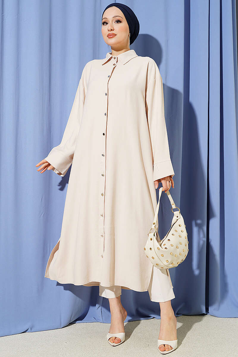 Long Tencel Tunic with Slit Detail - Beige
