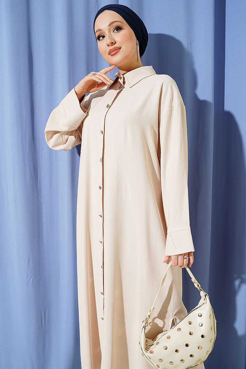 Long Tencel Tunic with Slit Detail - Beige