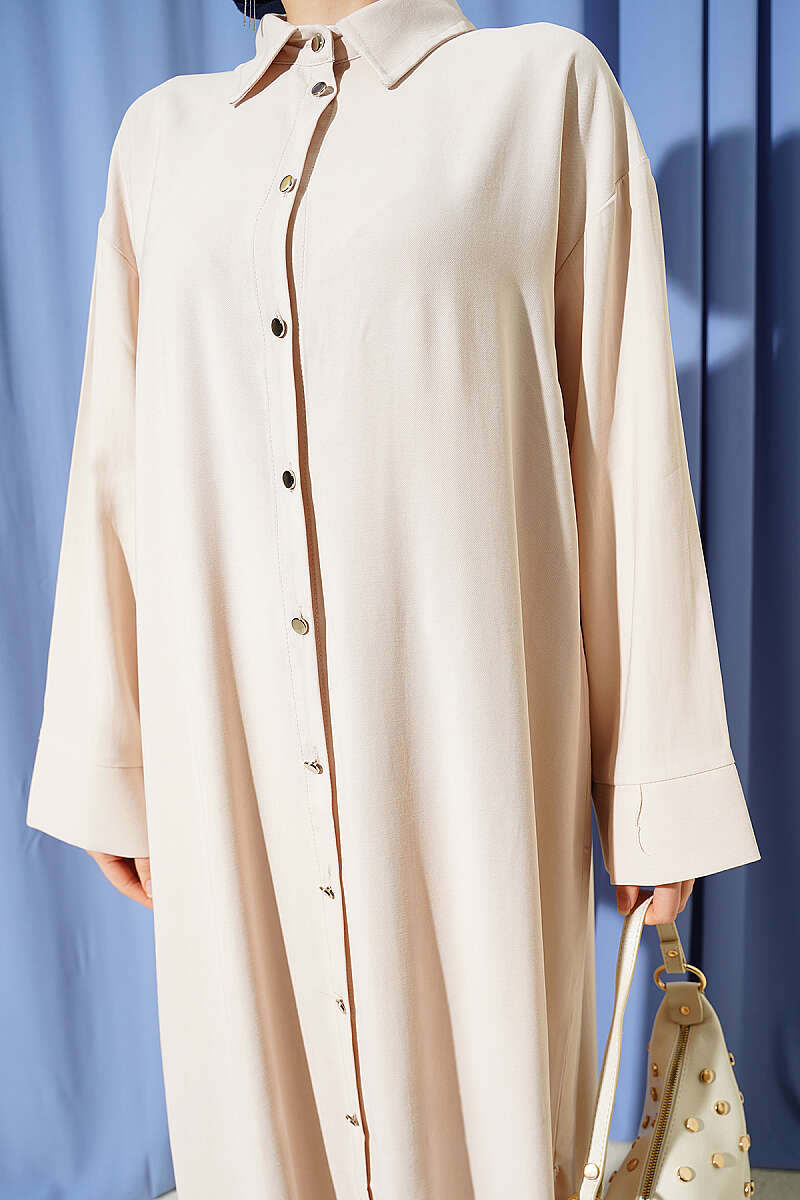 Long Tencel Tunic with Slit Detail - Beige