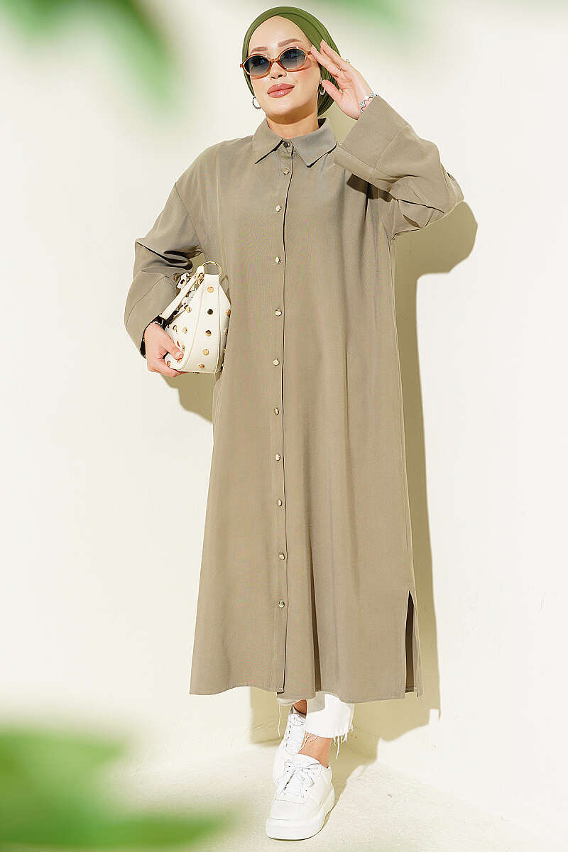 Long Tencel Tunic with Slit Detail - Khaki